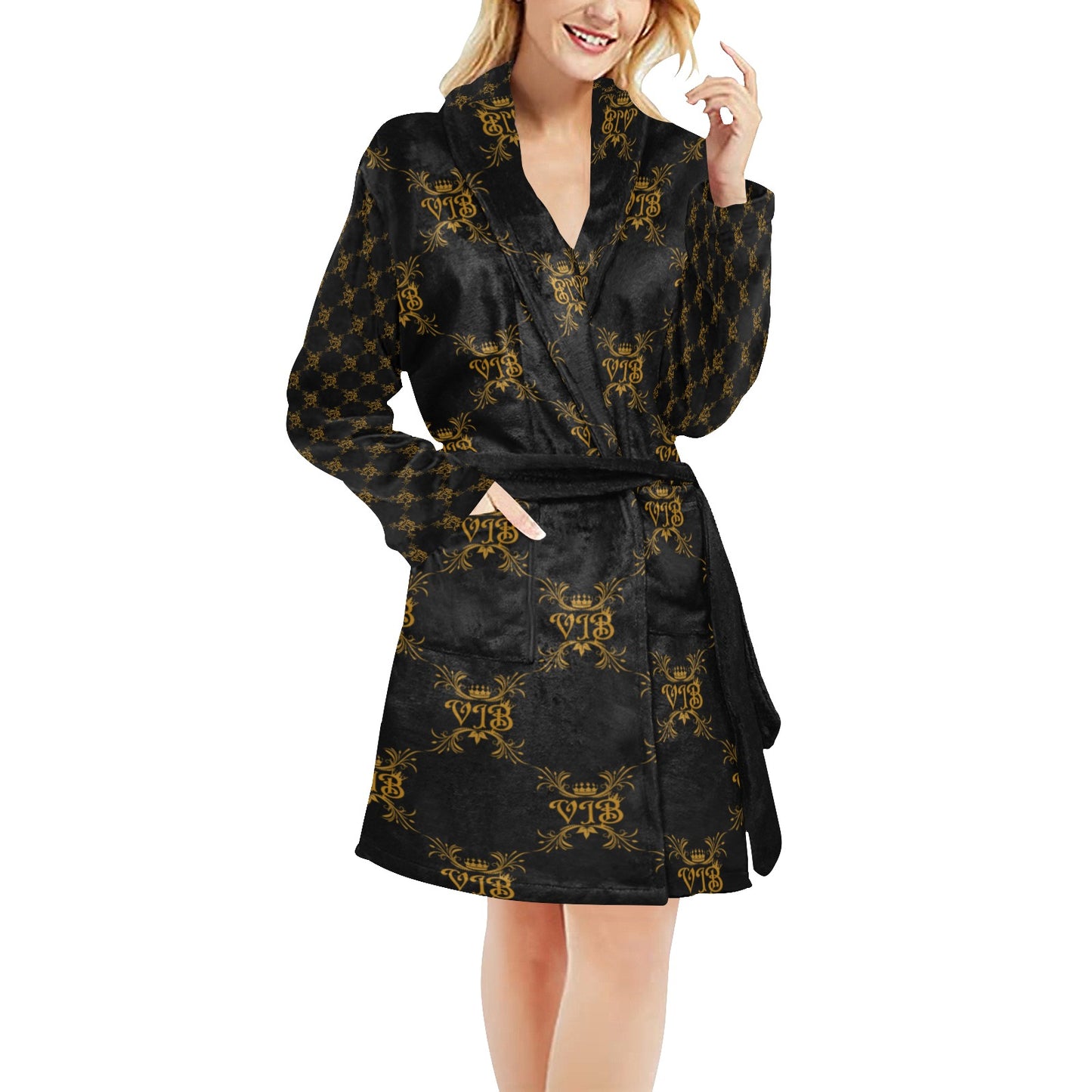 VIB WOMENS AO NIGHT ROBE SET BLK Women's All Over Print Night Robe