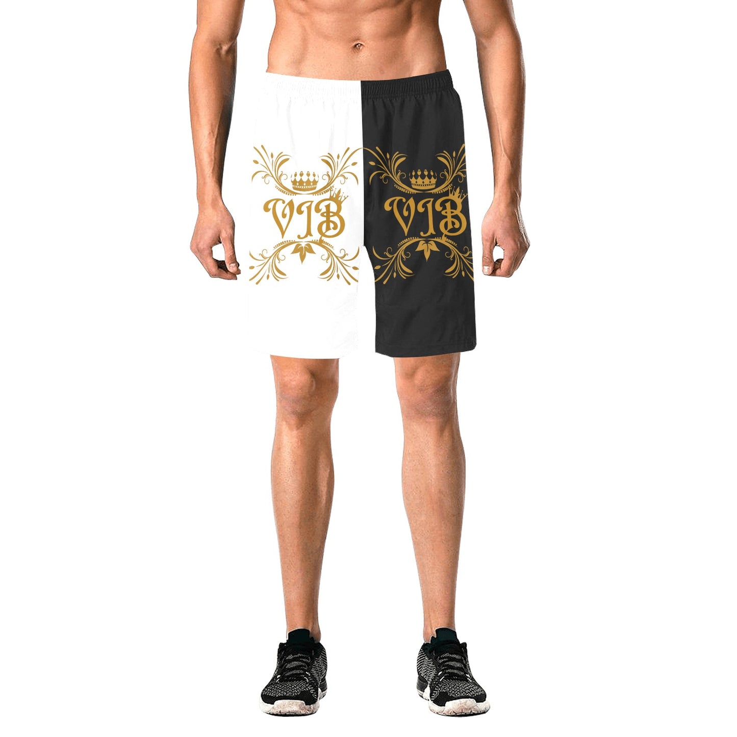 VIB MEN AO BEACH SHORTS BLK/WHT Men's All Over Print Elastic Beach Shorts (Model L20)