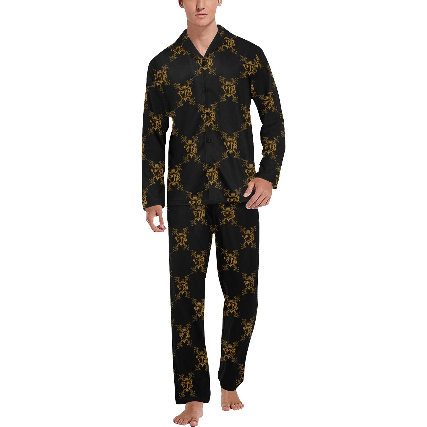 VIB MENS VNECK PAJAMA BLK Men's V-Neck Long Pajama Set