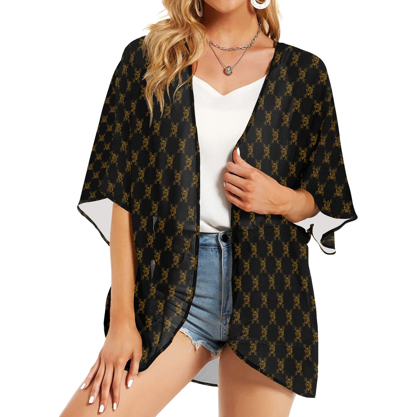 VIB WOMENS KIMONO CHIFFON COVER BLK Women's Kimono Chiffon Cover Up (Model H51)