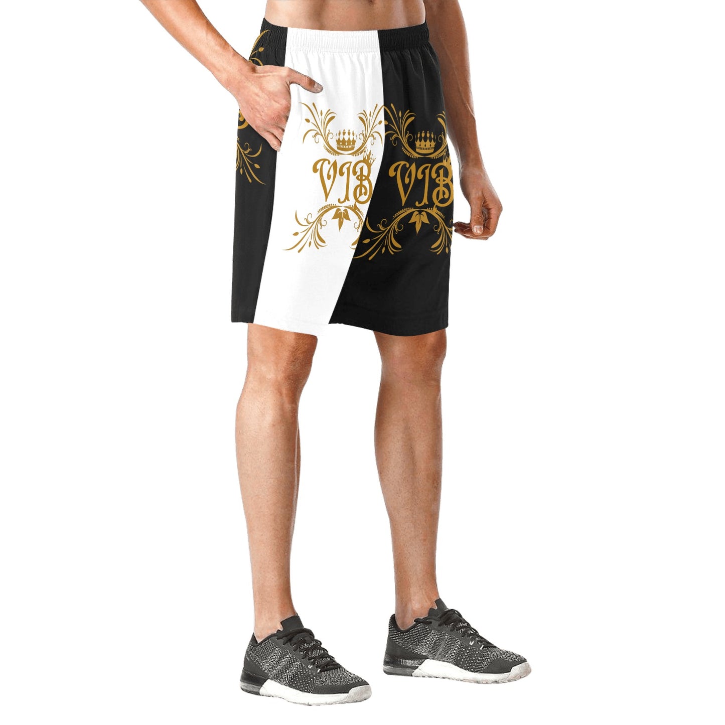 VIB MEN AO BEACH SHORTS BLK/WHT Men's All Over Print Elastic Beach Shorts (Model L20)